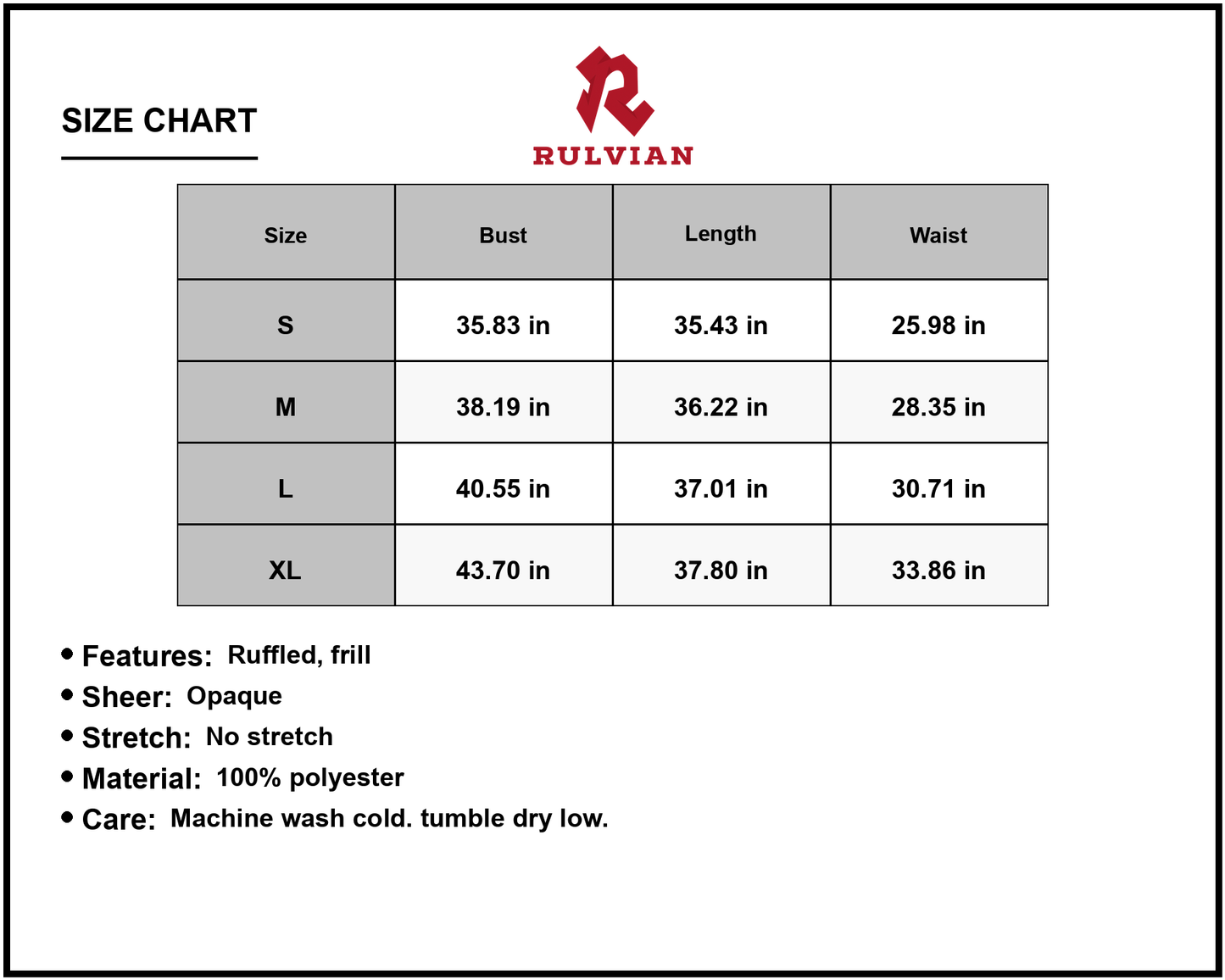 Size Chart - Women's Frill Tie Neck Ruffled Sleeveless Mini Dress Fabric 100% Polyester for Party or Summer Wear Chic and Flowy