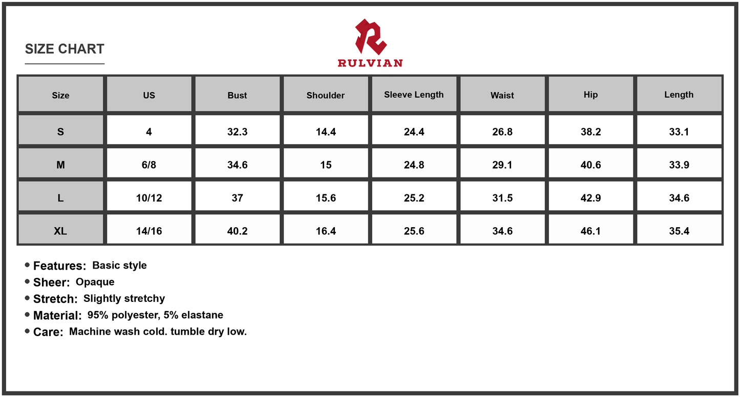 Size Chart - Women's Square Neck Long Sleeve Mini Dress 95% polyester 5% elastane Lightweight Stretch Sheer Bodice Not Lined