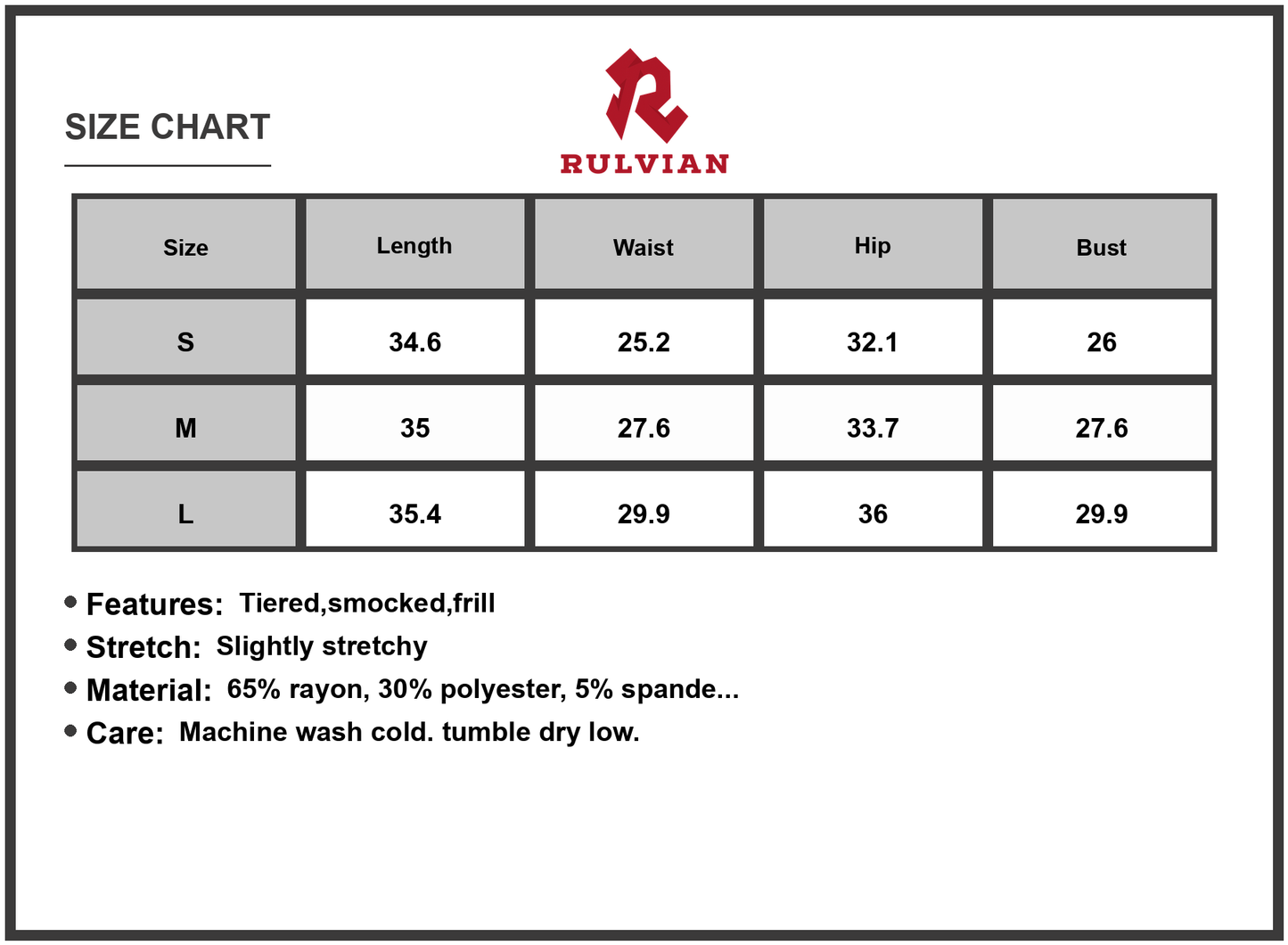 Size Chart - Women's Ruffled Hem Smocked Cami Dress With Tiered Frill Details 65% Rayon 30% Polyester 5% Spandex Machine Wash Cold