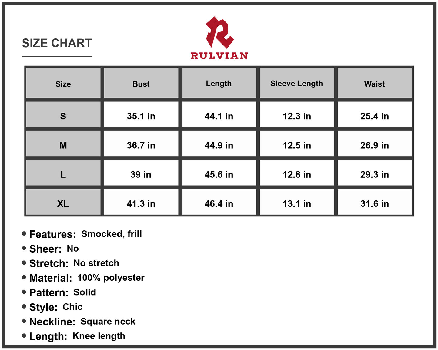 Size Chart - Women's Square Neck Puff Sleeve Cutout Dress 100% Polyester Knee Length Smocked Frill Neckline A Line Style Look
