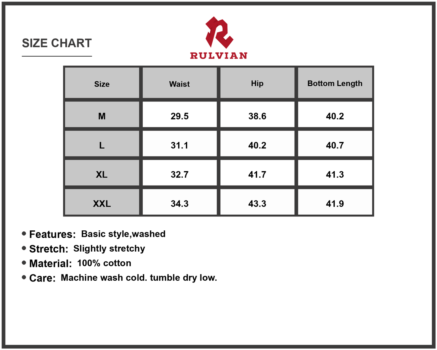 Size Chart - Mens Wide Leg Jeans Washed Denim Relaxed Fit Casual Trousers 100 Percent Cotton Slightly Stretchy Durable Construction