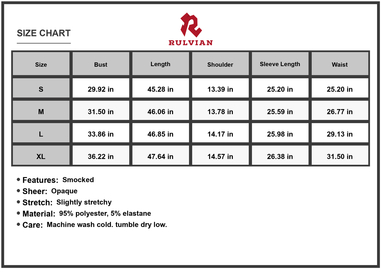 Size Chart - Women's Smocked Lantern Sleeve Midi Dress 95% Polyester 5% Elastane Sheer Bodice and Stretch for Everyday Wear Lightweight All Day
