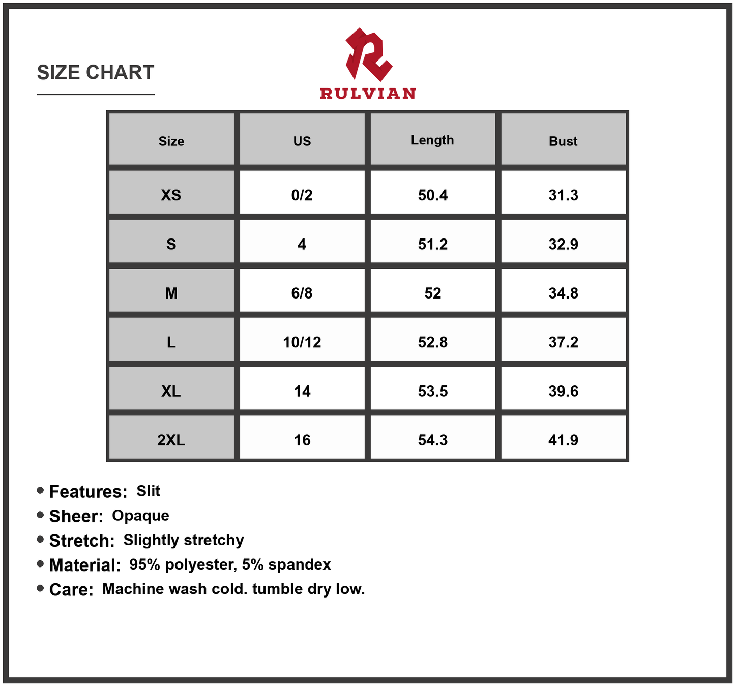 Size Chart - Women's Slit Scoop Neck Sleeveless Dress with Sheer Detail and Opaque Stretch 95% polyester and 5% spandex Chic