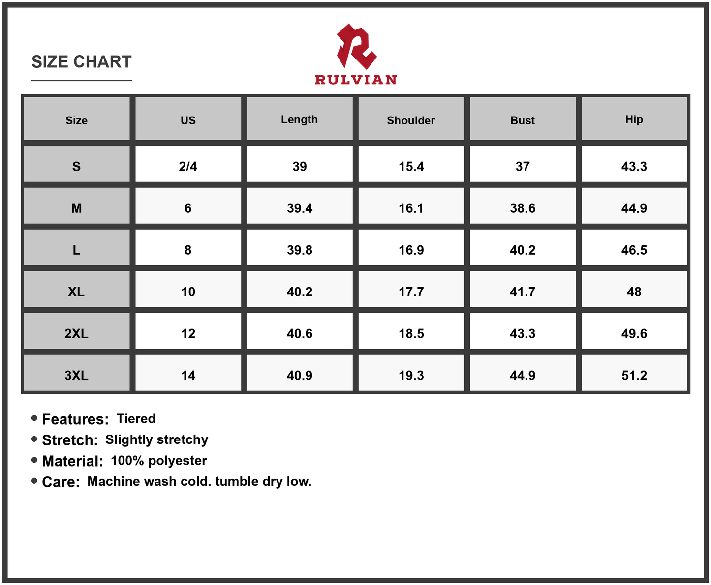 Size Chart - Women's Full Size Color Block Tiered Ruffle Summer Dress Plus Size Lightweight 100% Polyester Easy Care Machine Washable