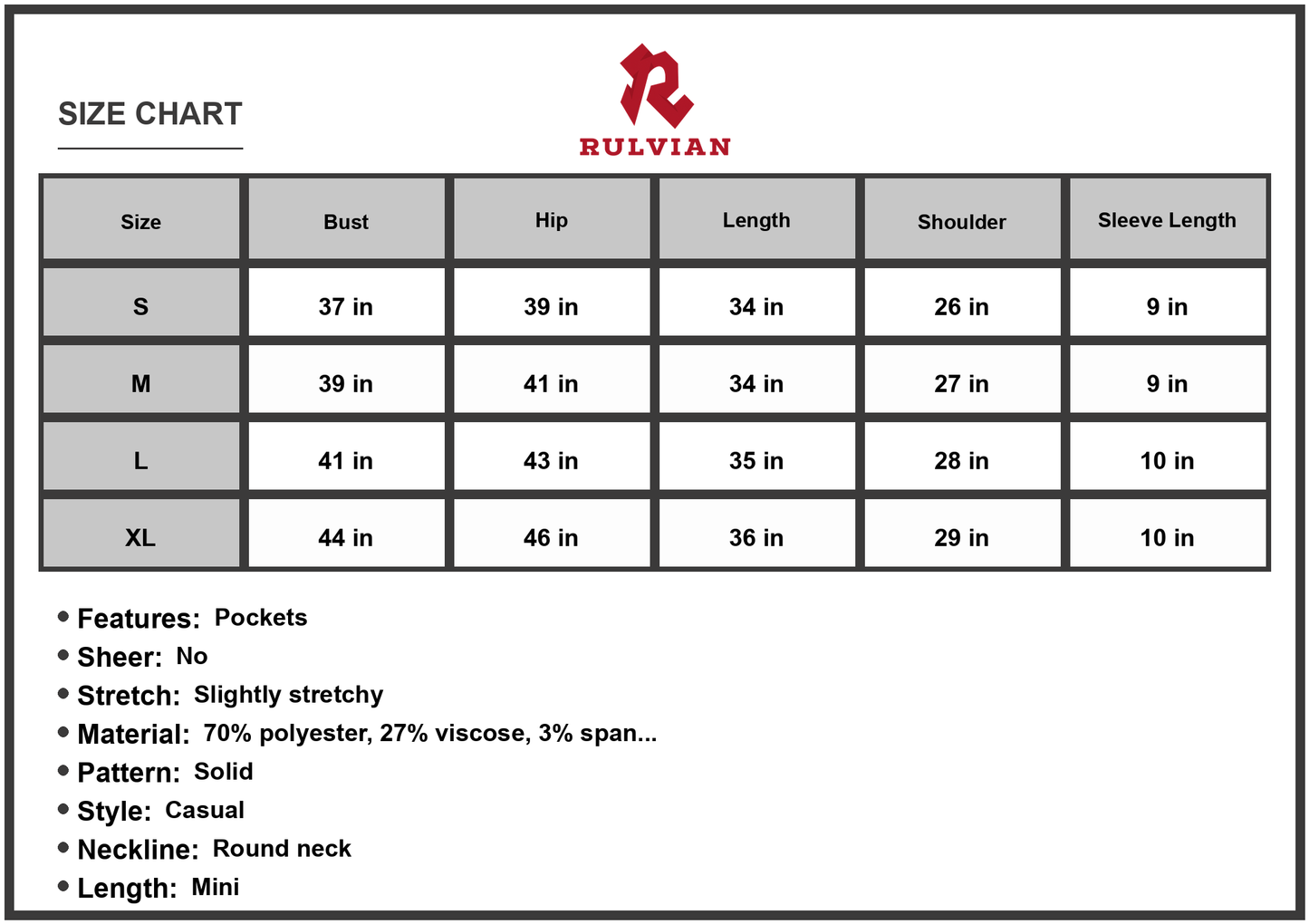 Size Chart - Women's Ribbed Round Neck Short Sleeve Dress with polyester viscose spandex blend for casual wear everyday versatile