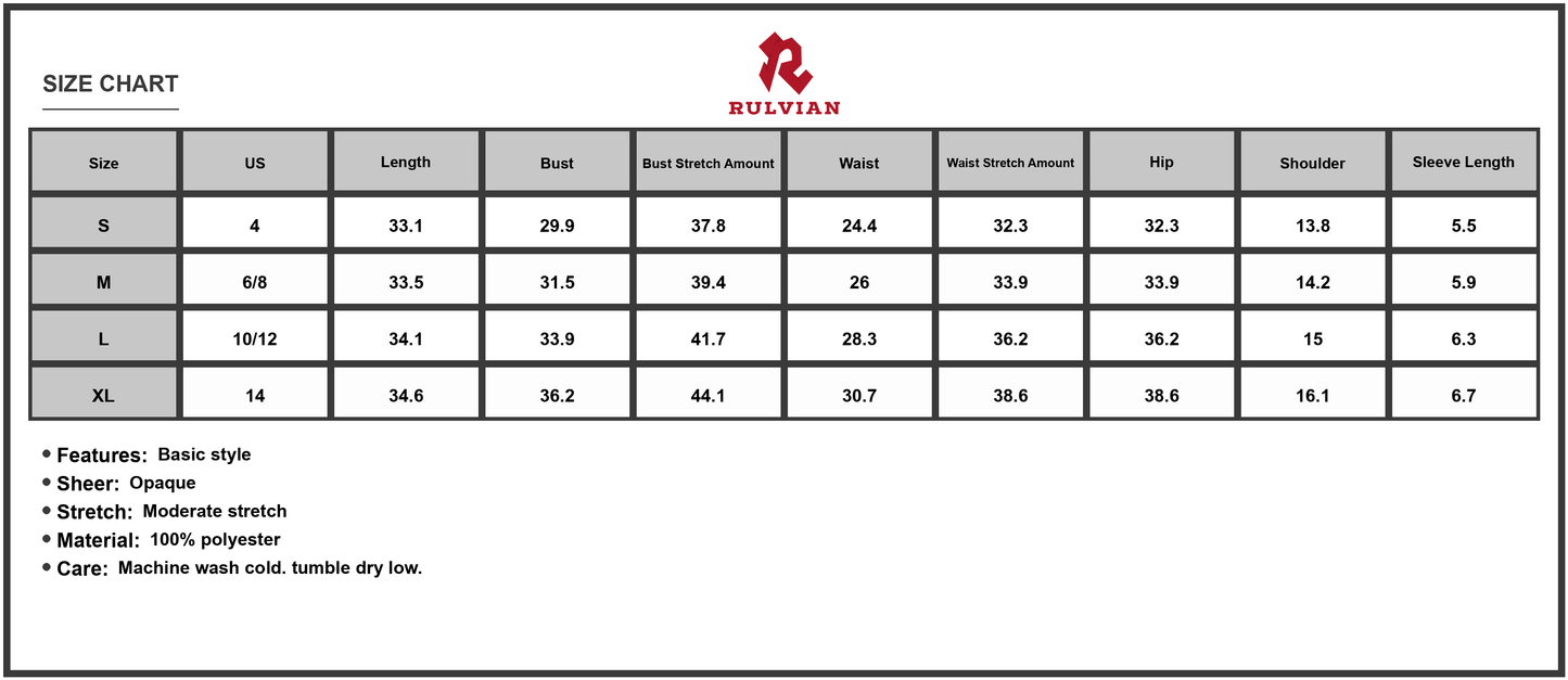 Size Chart - Women's Johnny Collar Short Sleeve Mini Dress with Lightweight Silhouette 100% Polyester Fabric for Everyday Wear