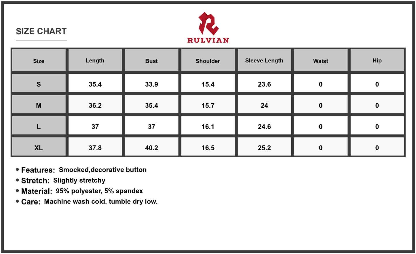 Size Chart - Women's Smocked V-Neck Balloon Sleeve Dress with Button Details and Stretch - Ninety five% Polyester five% Spandex