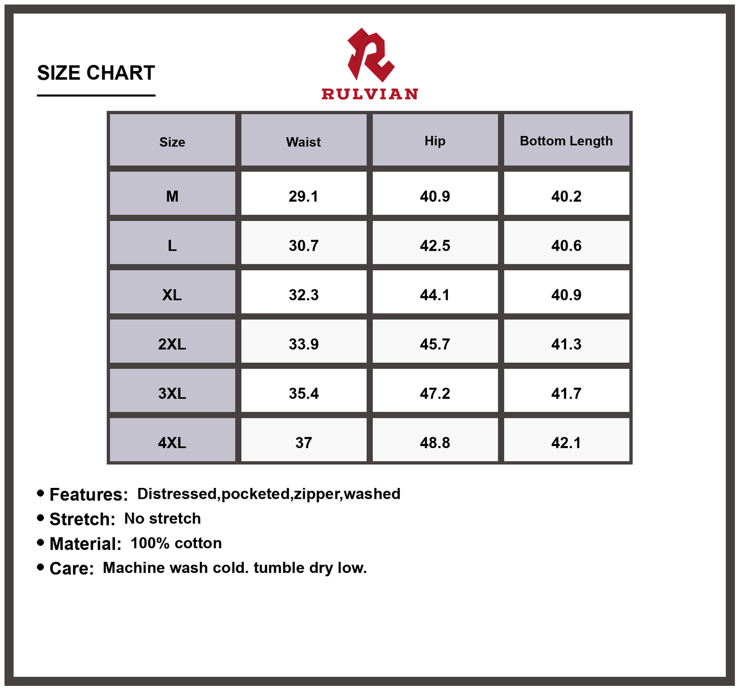Size Chart - Men's Plus Size Wide Leg Cargo Jeans Distressed Zipper Pockets Durable Casual Relaxed Fit Versatile Everyday Wear