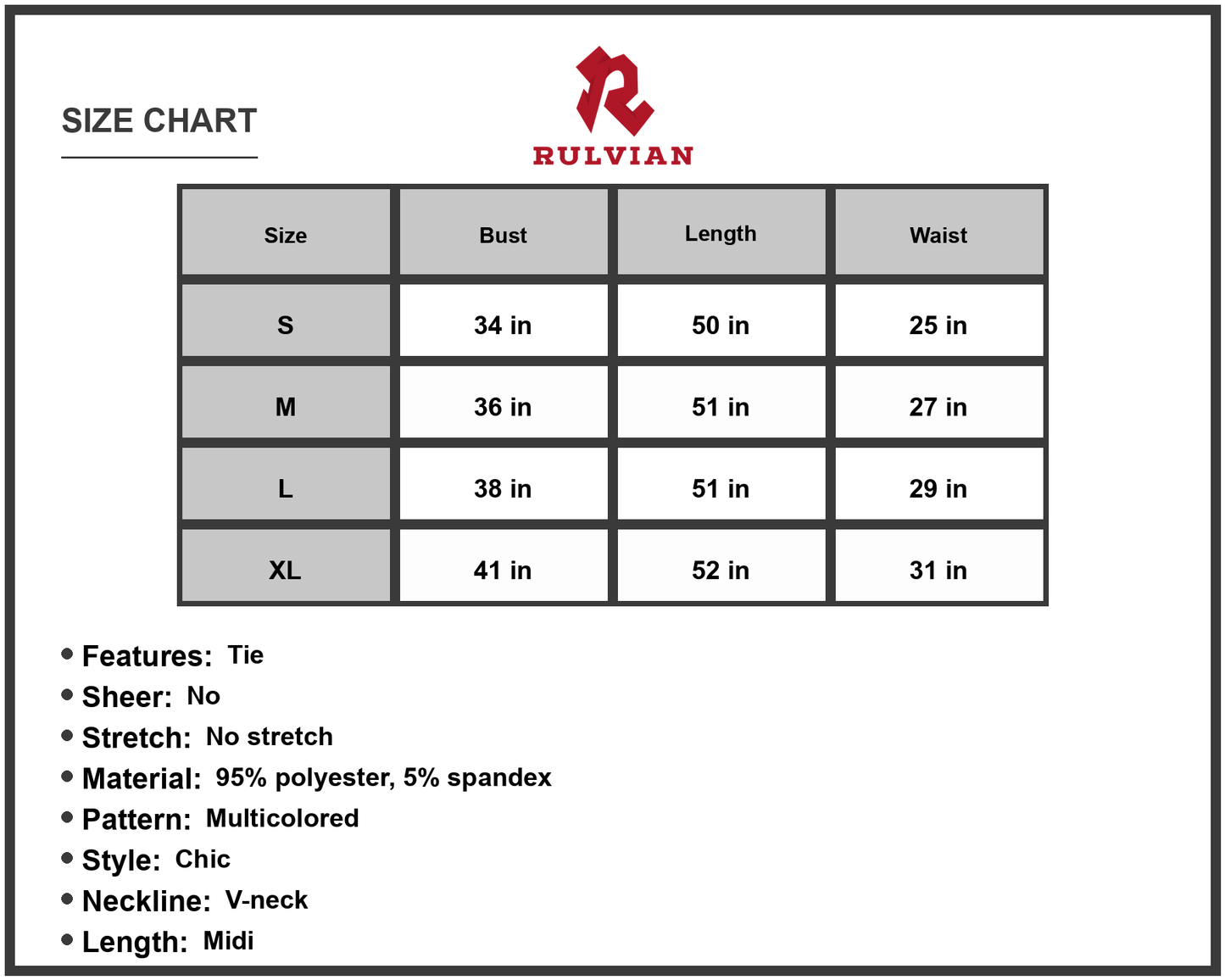 Size Chart - Women's Colorful V Neck Backless Midi Dress with Tie Neckline and A Line Hem for Events 95% polyester 5% spandex