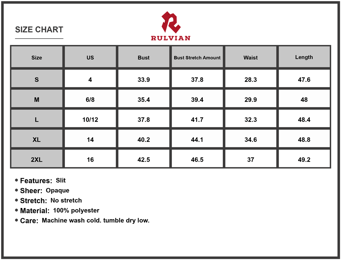 Size Chart - Women's Slit Ruched Mock Neck Sleeveless Dress 100% Polyester Imported Elegant Evening Party Wear For Formal Wear