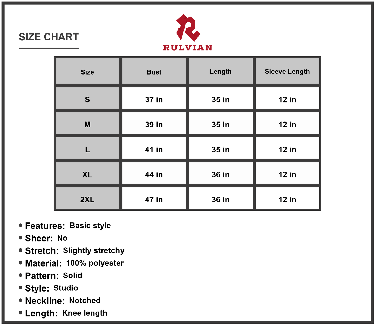 Size Chart - Women's Notched Neck Flounce Sleeve Knee Length Dress 100% Polyester Casual Chic Everyday Wear Ideal for Work or Weekend