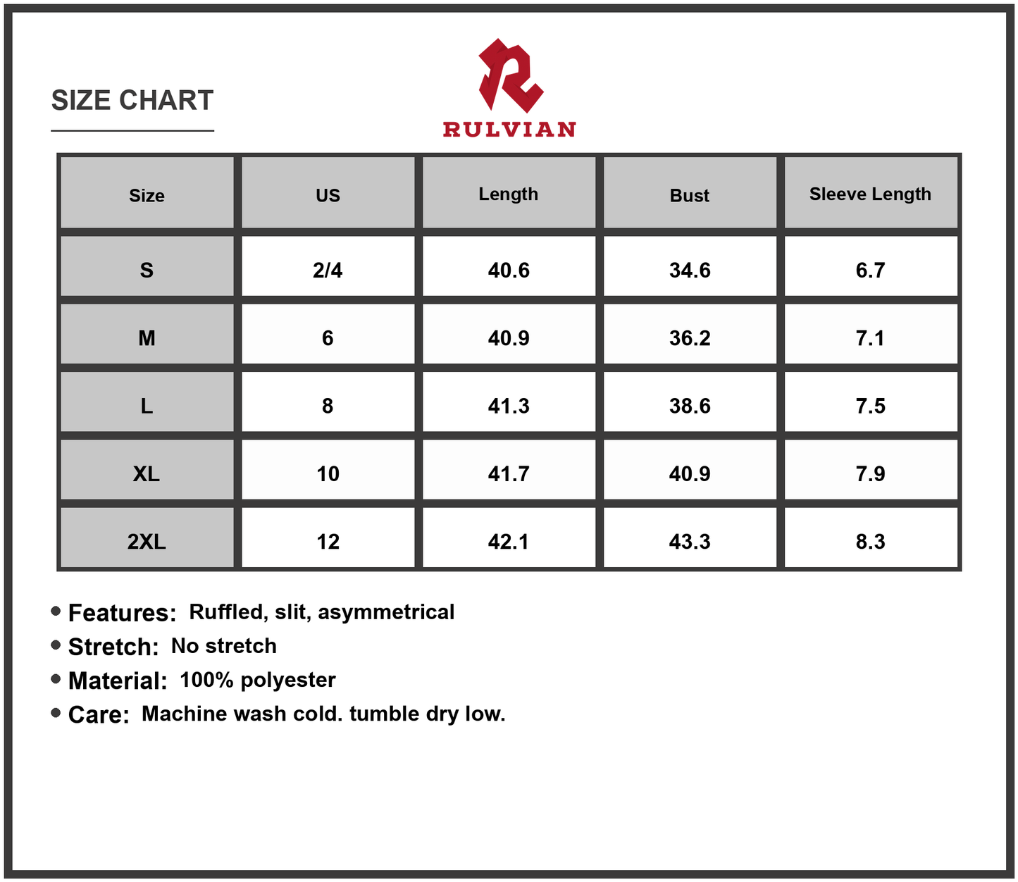 Size Chart - Women's Surplice Ruffled Cap Sleeve Zip Back Dress 100% Polyester Fabric Slit Detail Elegant Everyday Party Wear