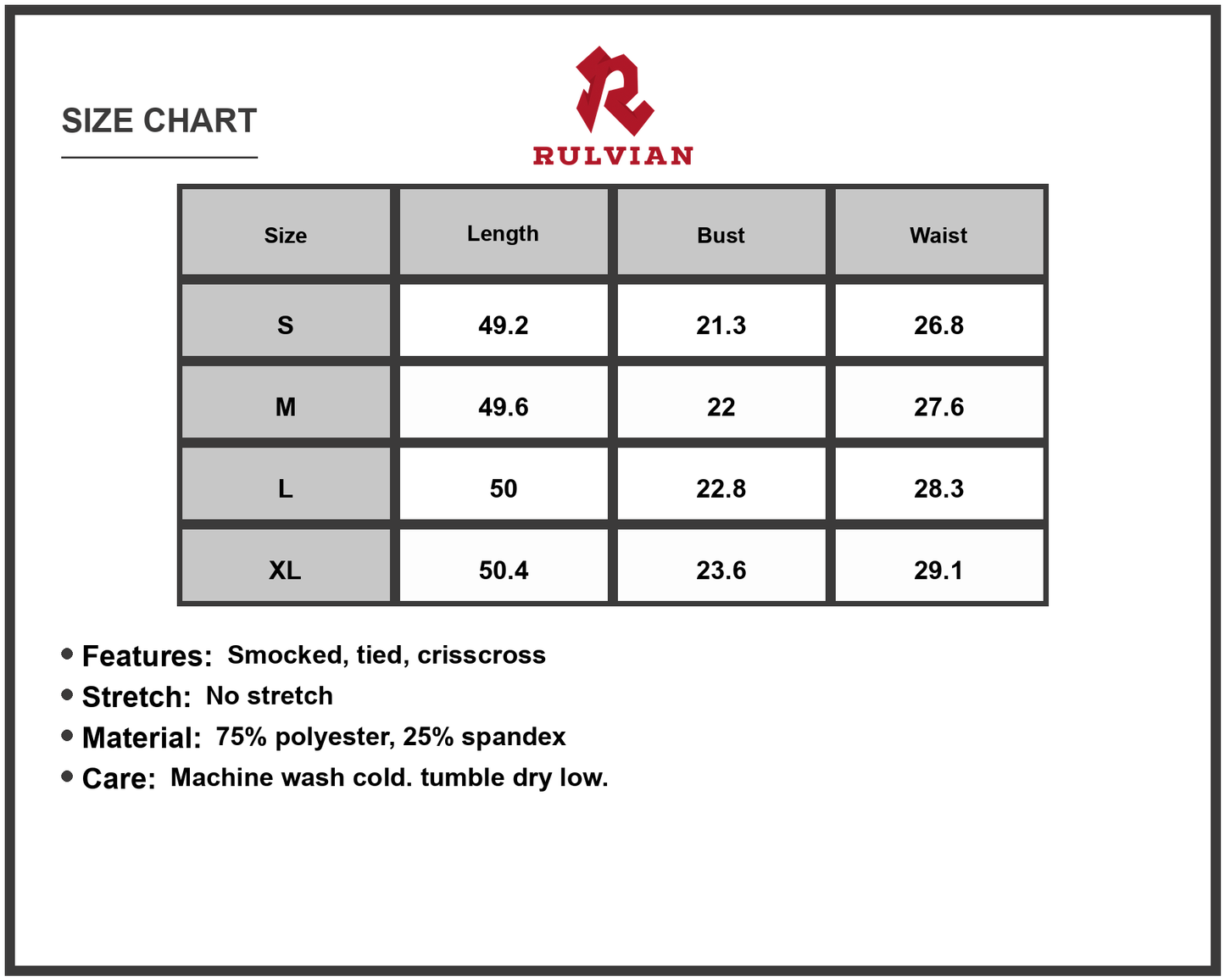 Size Chart - Women's Crisscross Smocked Wide Strap Dress with Ties 75% Polyester 25% Spandex Lightweight Flowy Summer Dress