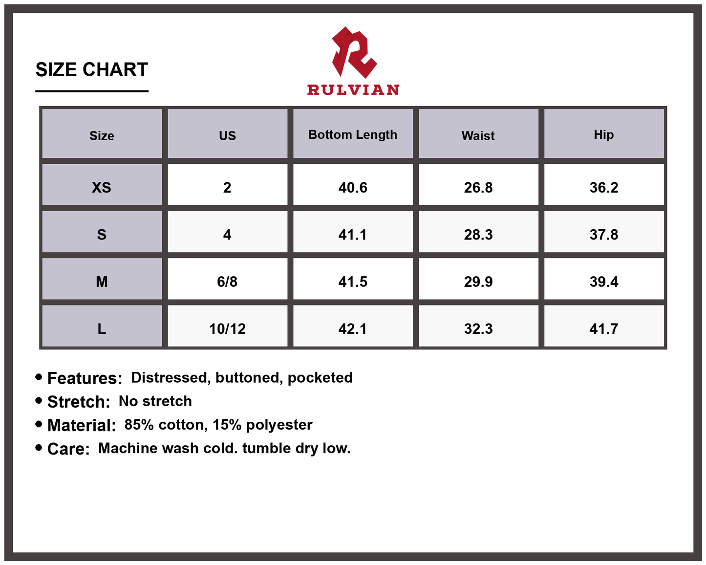 Size Chart - Women's Distressed Straight Leg Jeans High Waisted Button Fly Pockets Non Stretch Casual Everyday Premium Durable Fashionable