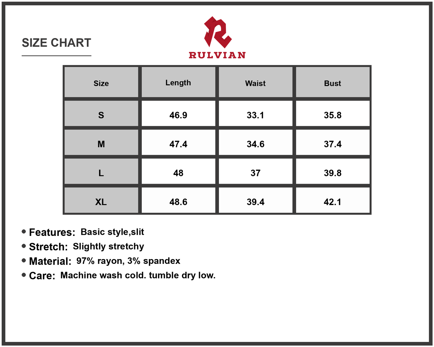 Size Chart - Women's Slit Round Neck Sleeveless Midi Tank Dress with Slight Stretch and Modern silhouette 97% rayon and 3% spandex