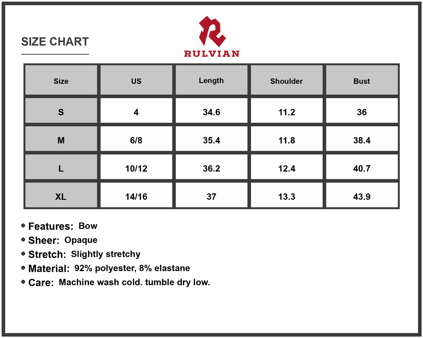 Size Chart - Women's Bow Contrast Sleeveless Mini Dress with Sheer Bow Detail and Stretch 92% polyester 8% elastane for party wear