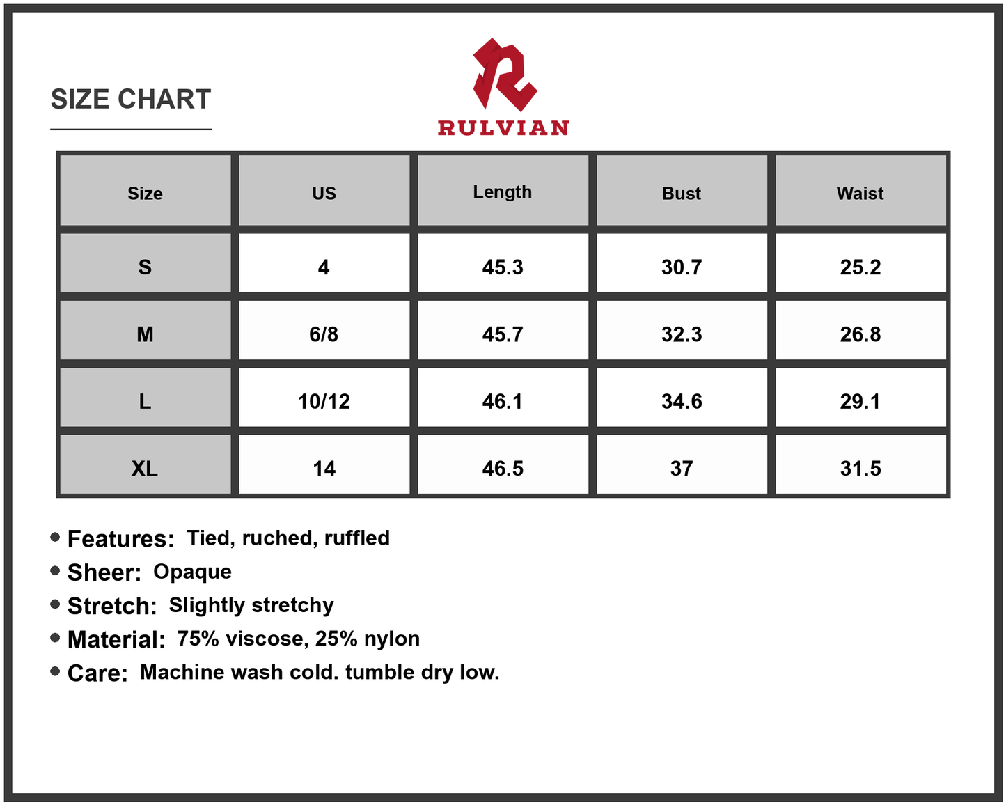 Size Chart - Women's Frill Ruffled Hem Midi Cami Dress with Sheer Details and Opaque Lined Bodice 75% viscose 25% nylon elegant