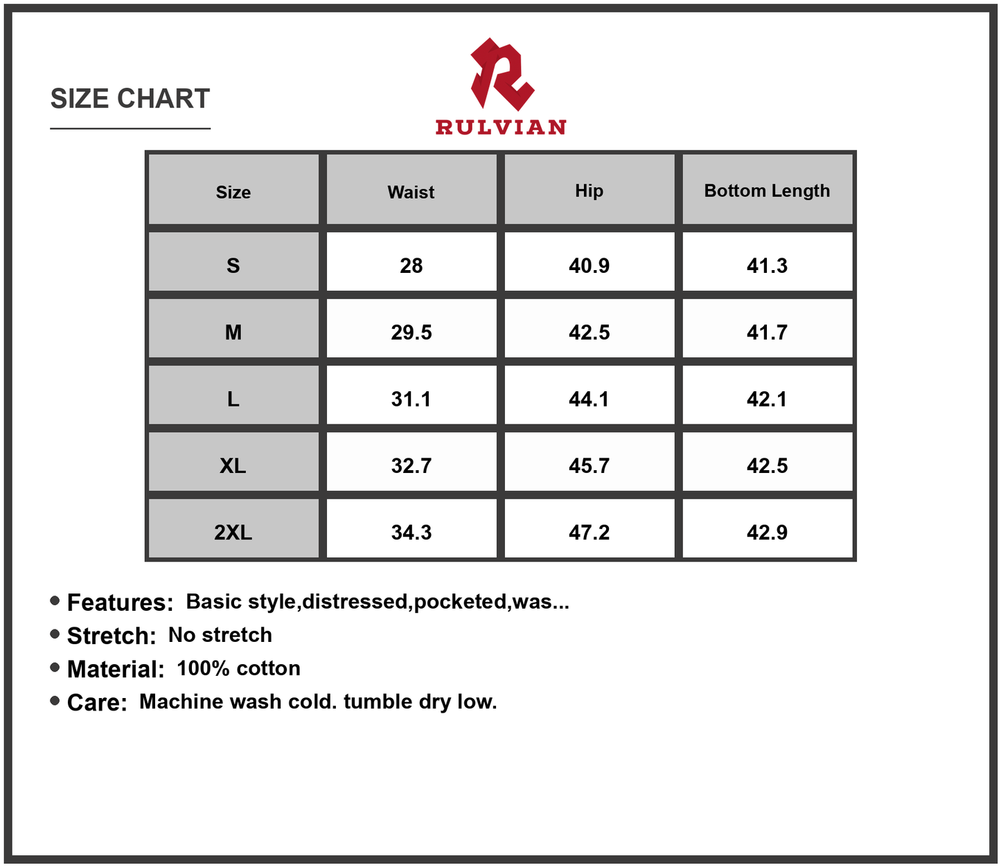 Size Chart - Mens Wide Leg Jeans Distressed Pocketed Washed 100 Percent Cotton Denim Casual Everyday Loose Fit Pants Daily Wear