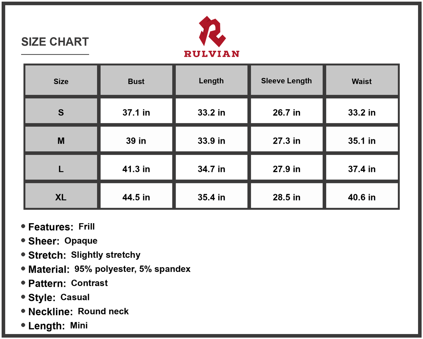 Size Chart - Women's Round Neck Frill Trim Dress with Long Sleeves Mini Length Casual Elegant 95% polyester 5% spandex everyday wear