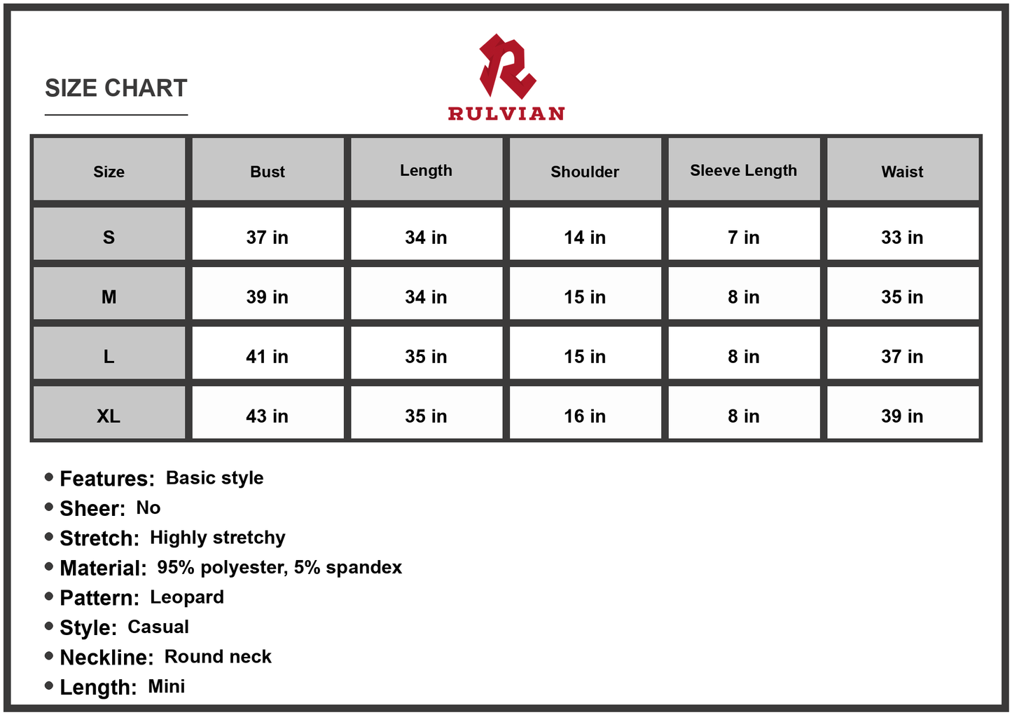 Size Chart - Women's Leopard Round Neck Short Sleeve Mini Dress Wear All Day Ninety Five Percent Polyester Five Percent Spandex