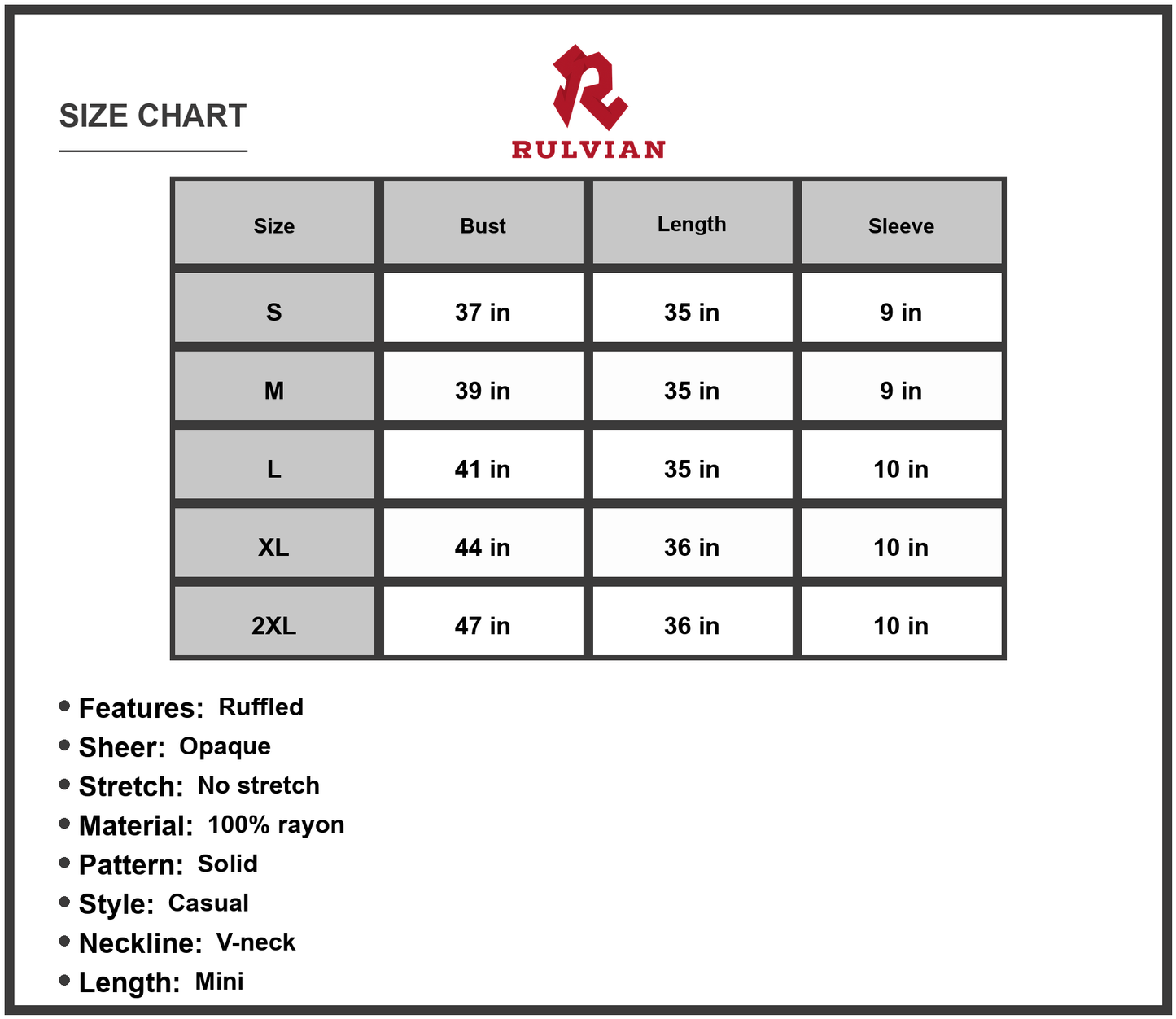 Size Chart - Women's V Neck Flounce Sleeve Tiered Dress 100% rayon Casual Chic Knee Length Summer Ready for Every Occasion Today