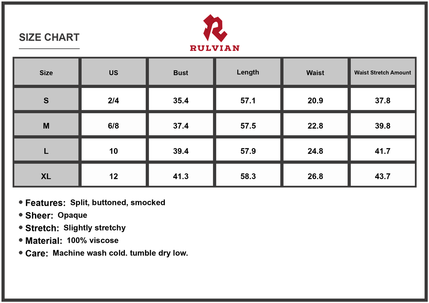 Size Chart - Women's Split Printed V-Neck Short Sleeve Dress 100% viscose with Smocked Sheer Overlay and Opaque Body soft drape