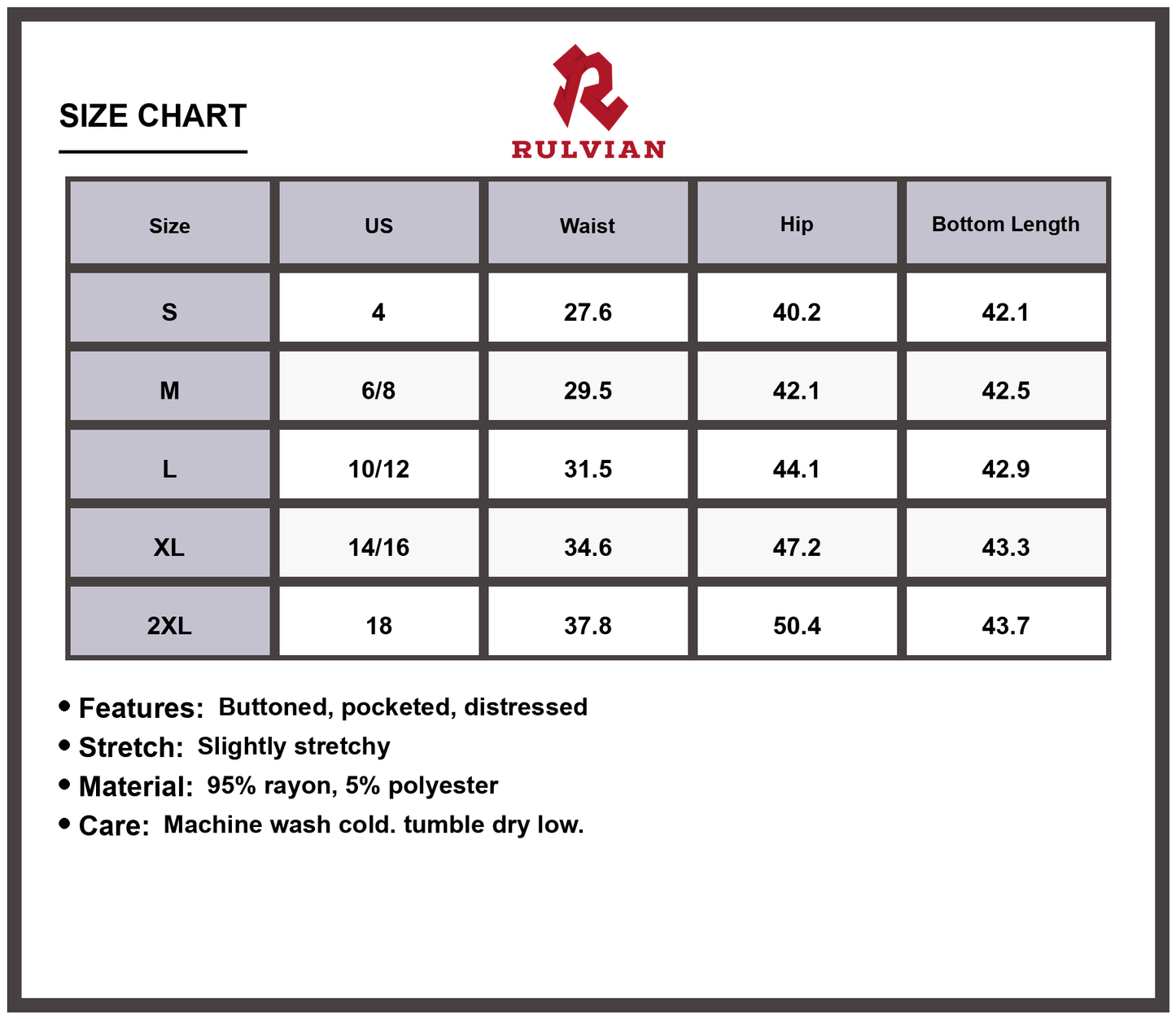 Size Chart - Women's Distressed Jeans with Pockets Premium Stretch Denim Casual Trendy Everyday Versatile Buttoned Pants
