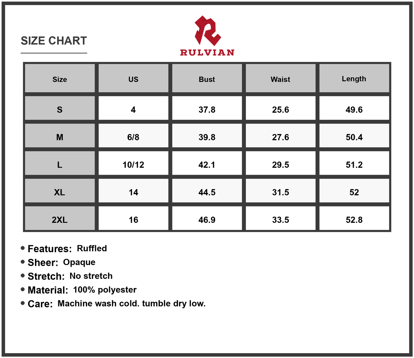 Size Chart - Women's Ruffled Printed One Shoulder Midi Dress with Sheer Overlay and Non Stretch Bodice 100% Polyester Fabric