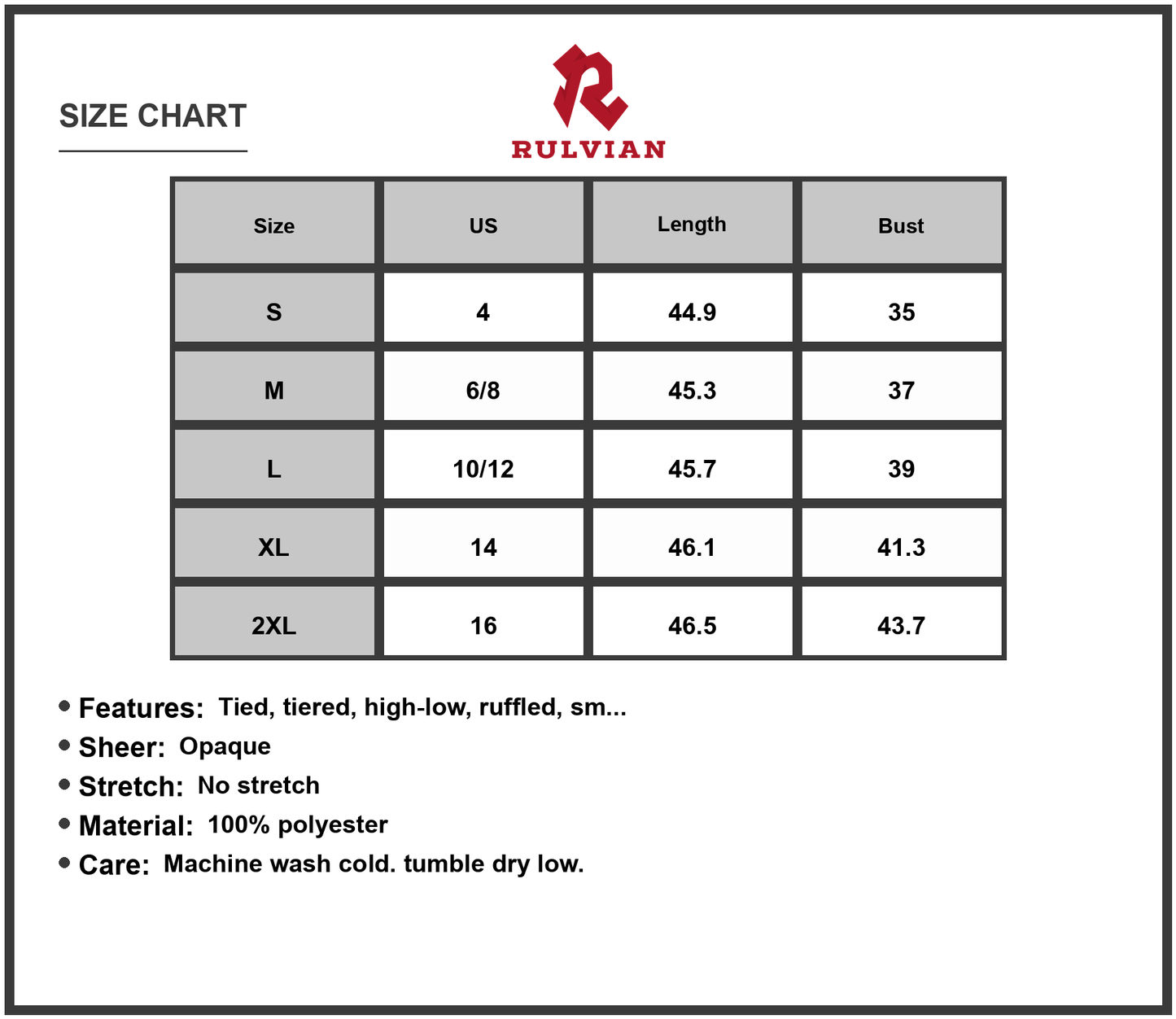 Size Chart - Women's Ruffled Sleeveless Tiered Maxi Dress with Pockets for Everyday Wear 100% Polyester Fabric Lightweight