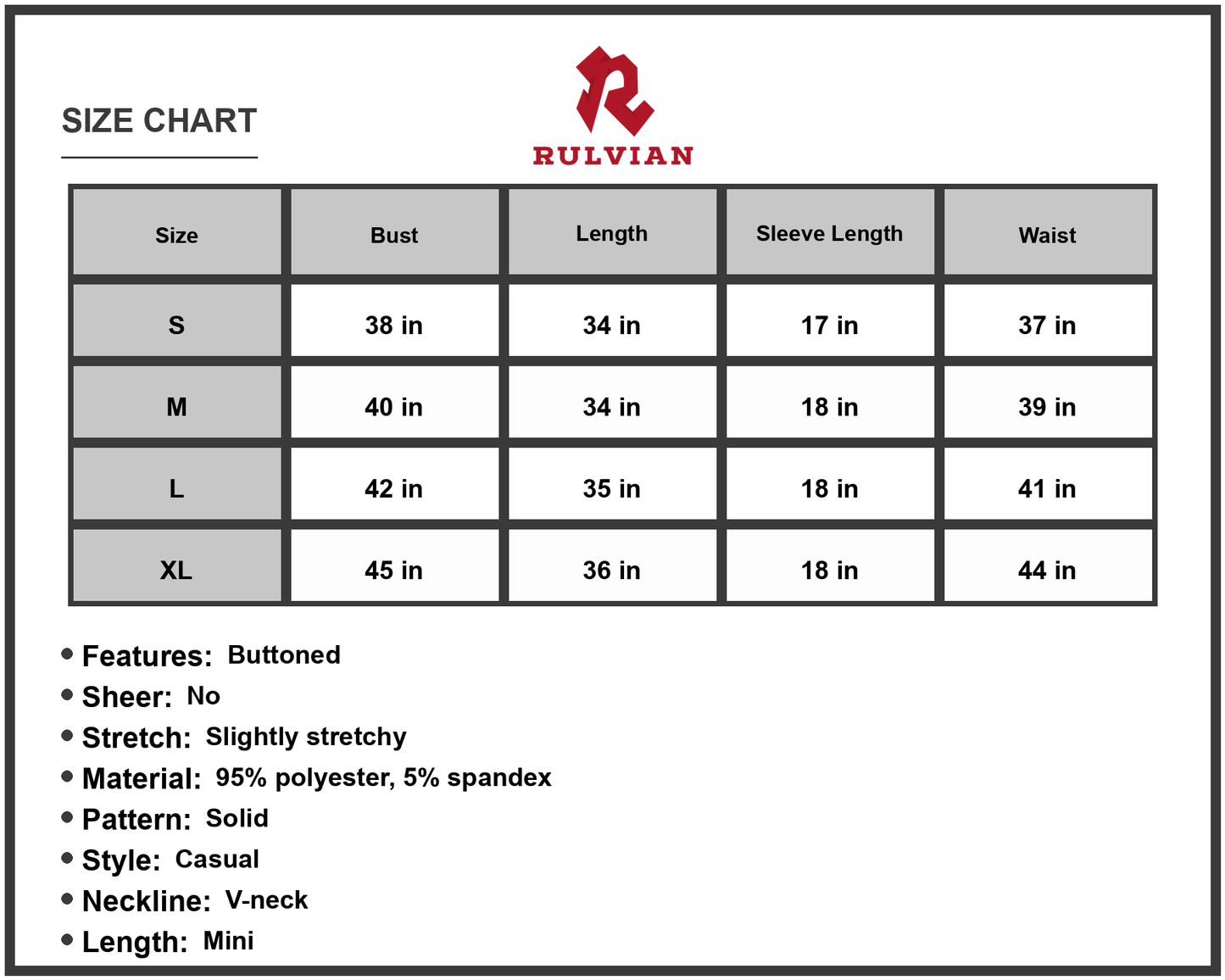 Size Chart - Women's Buttoned V Neck Dress with 95% Polyester 5% Spandex Casual Mini Length Roll Tab Sleeves Comfortable stretch
