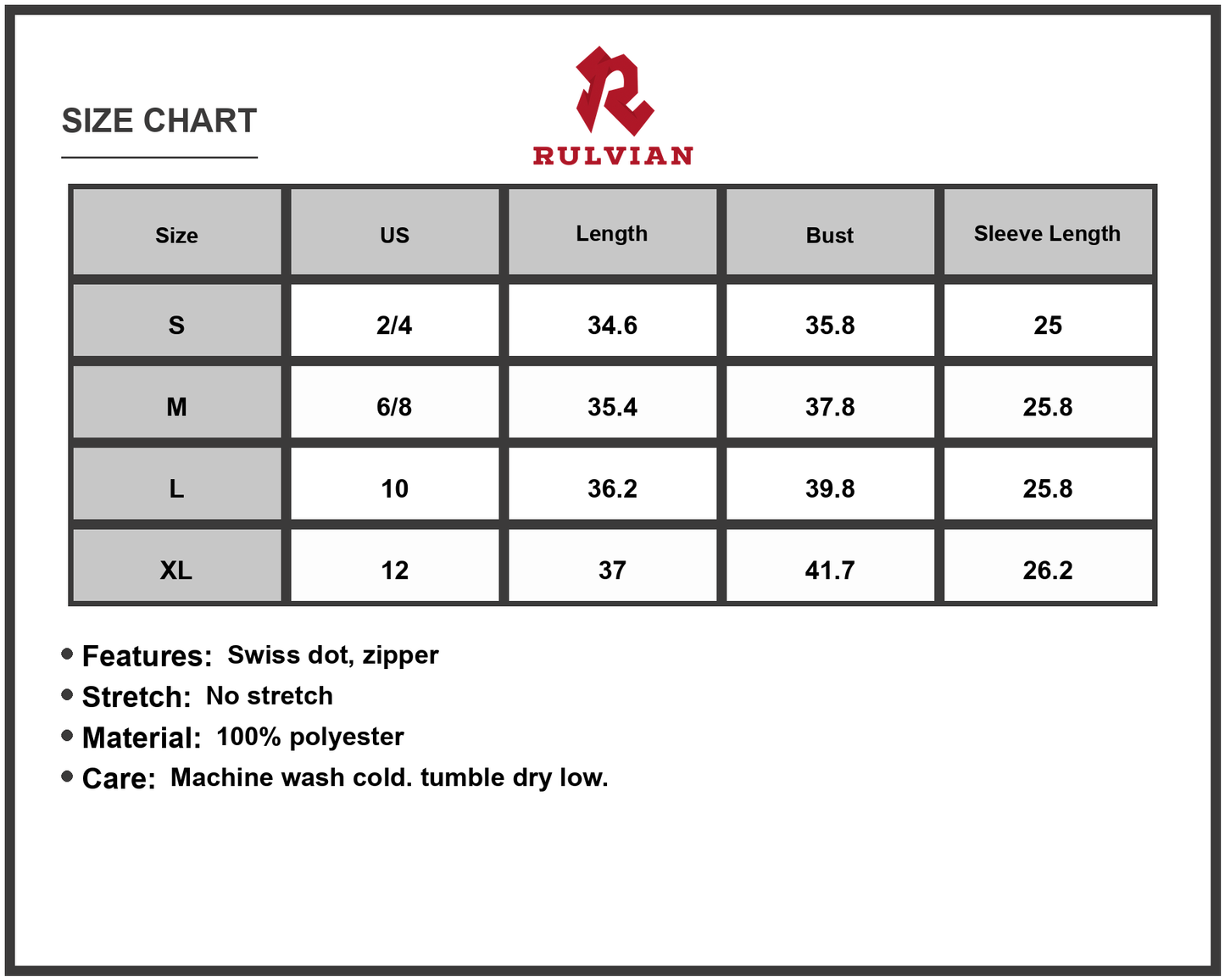 Size Chart - Women's Swiss Dot Long Sleeve Mini Dress 100% Polyester Partially Lined Bodice Easy Everyday Dress for All Occasions