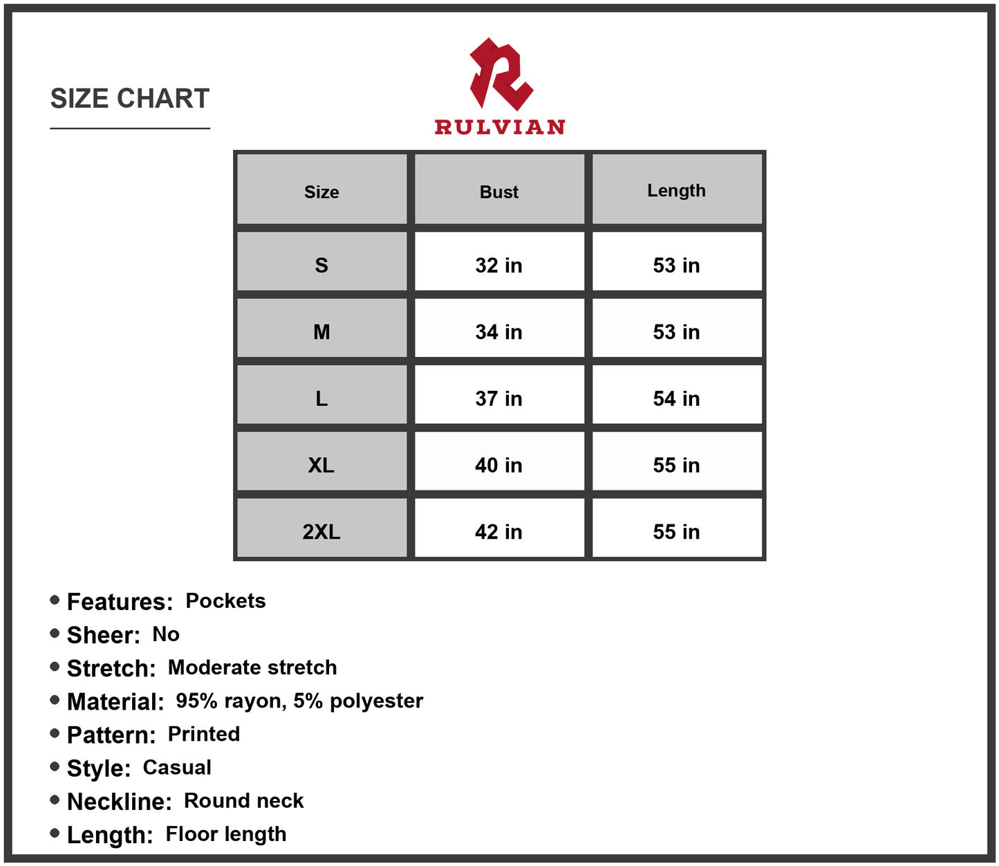 Size Chart - Women's Empire Waist Sleeveless Dress with Pockets Length Round Neck Ninety Five Percent Rayon Five Percent Polyester