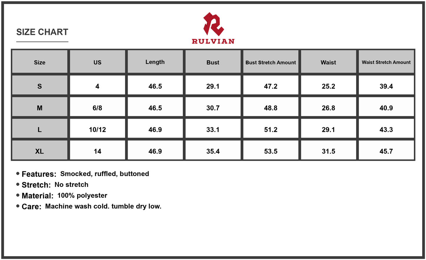 Size Chart - Women's Ruffled Round Neck Cap Sleeve Dress with Smocked Details in Polyester % Fabric for Flowy Daywear Everyday