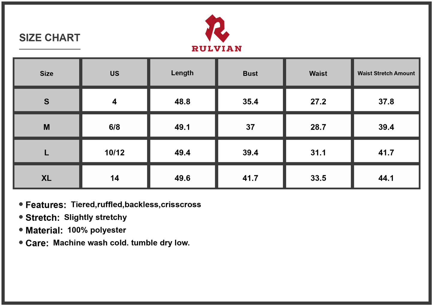 Size Chart - Women's Halter Neck Smocked Tiered Dress Backless Crisscross Stretch 100% Polyester Lightweight Flowy Summer Party