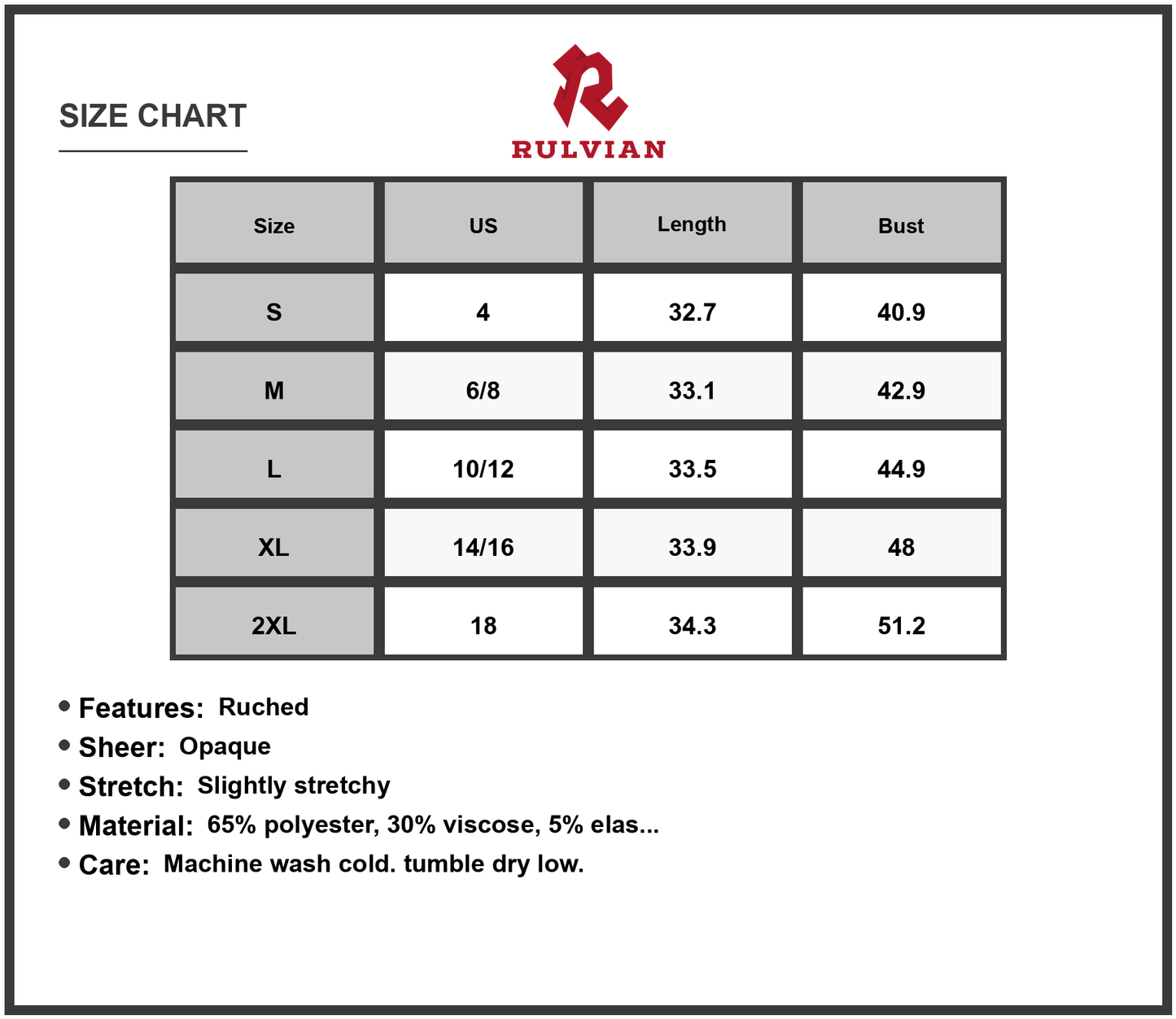 Size Chart - Women's Textured Grecian Neck Mini Dress Ruched Sheer Opaque Stretch Not Lined 65% Polyester 30% Viscose 5% Elastane