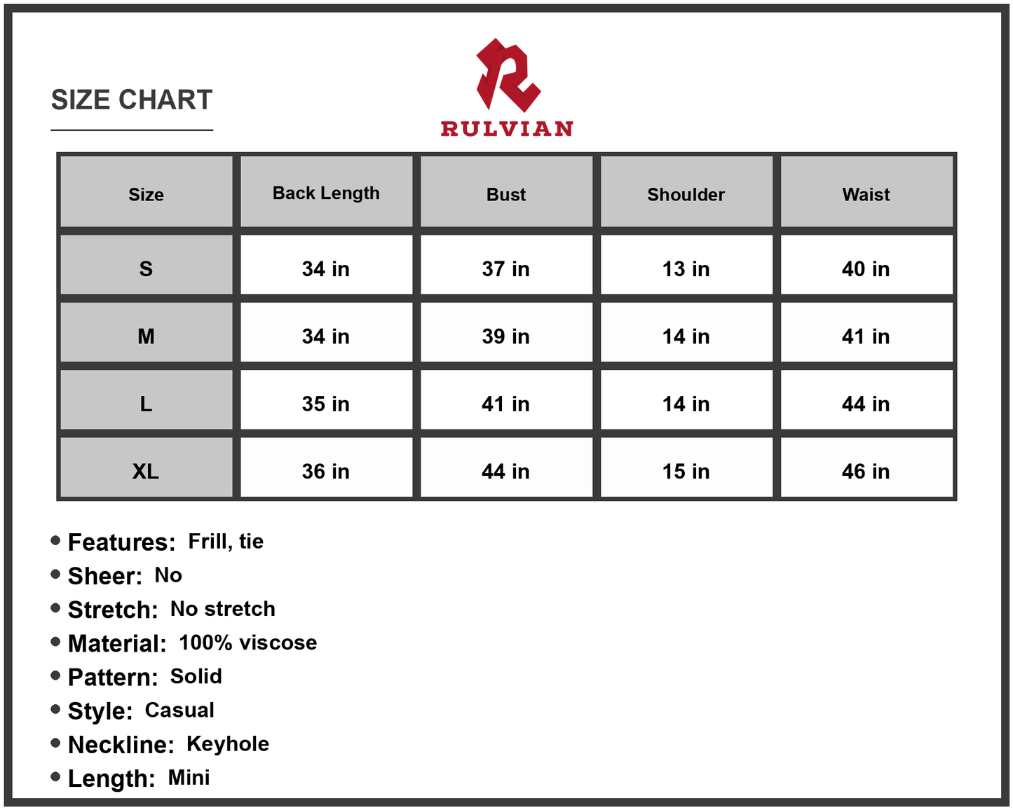 Size Chart - Women's Ruffled Tie Waist Keyhole Mini Dress Casual Cap Sleeve Frill for Summer Lightweight 100% viscose fabric