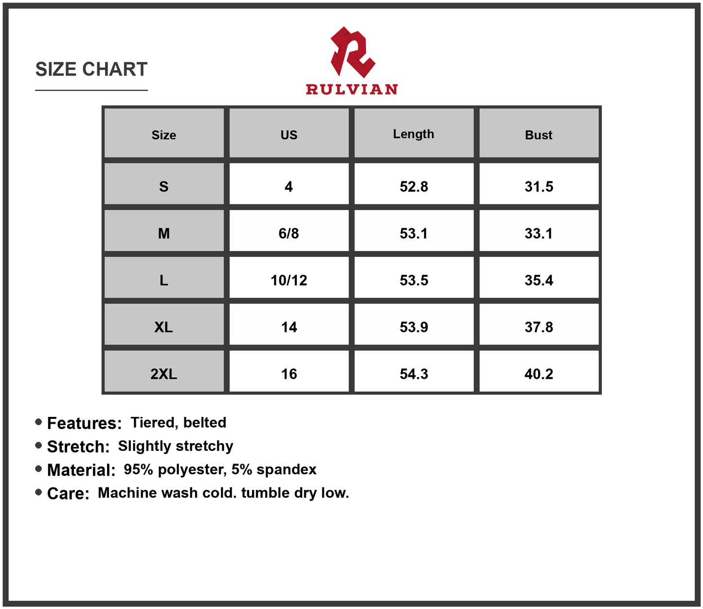 Size Chart - Women's Printed Tie Waist Maxi Dress Tiered Belted Stretch Ninety Five Percent Polyester And Five Percent Spandex