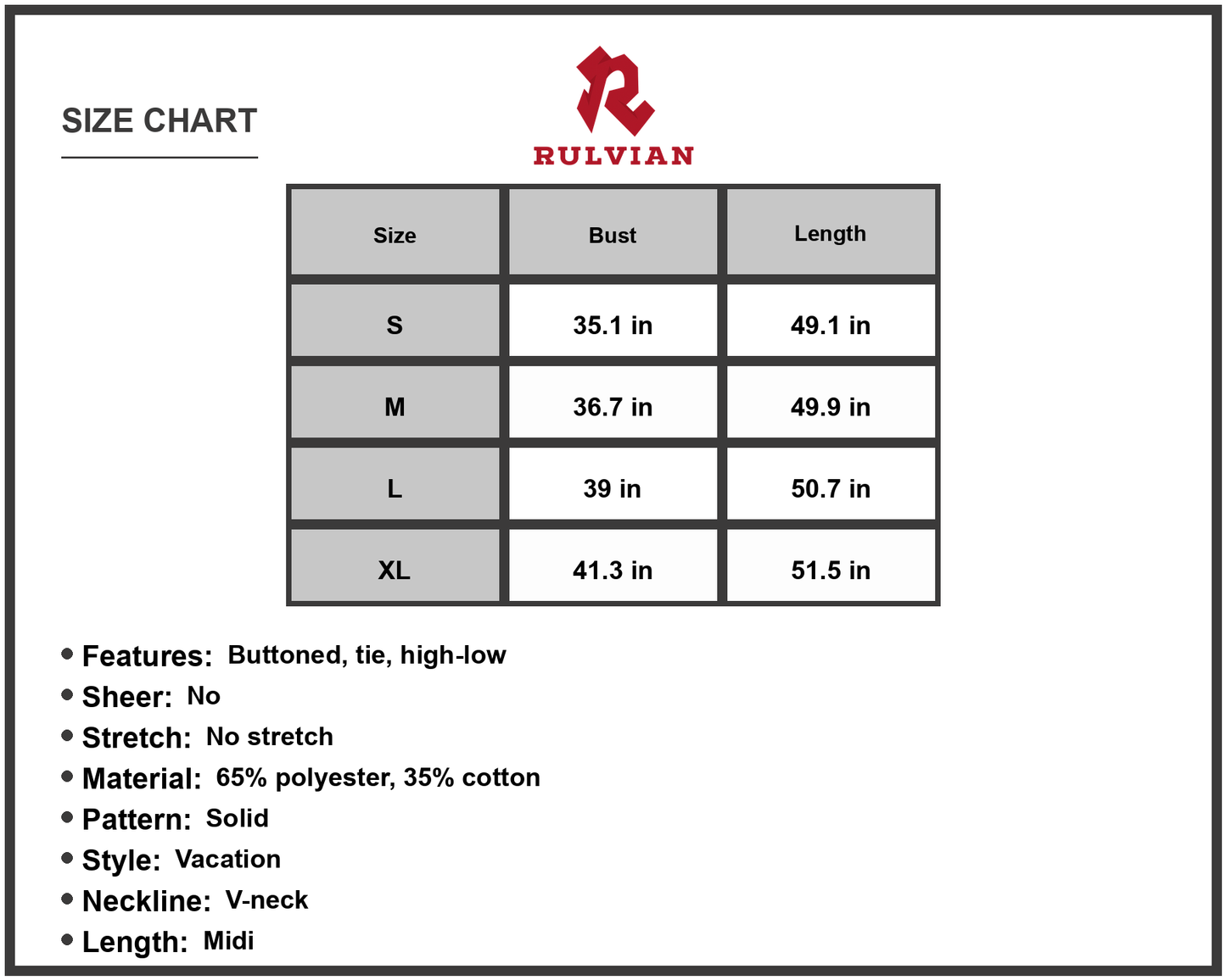Size Chart - Women's Spaghetti Strap Button Midi Dress V Neck Tie Waist Sixty five percent polyester thirty five percent cotton
