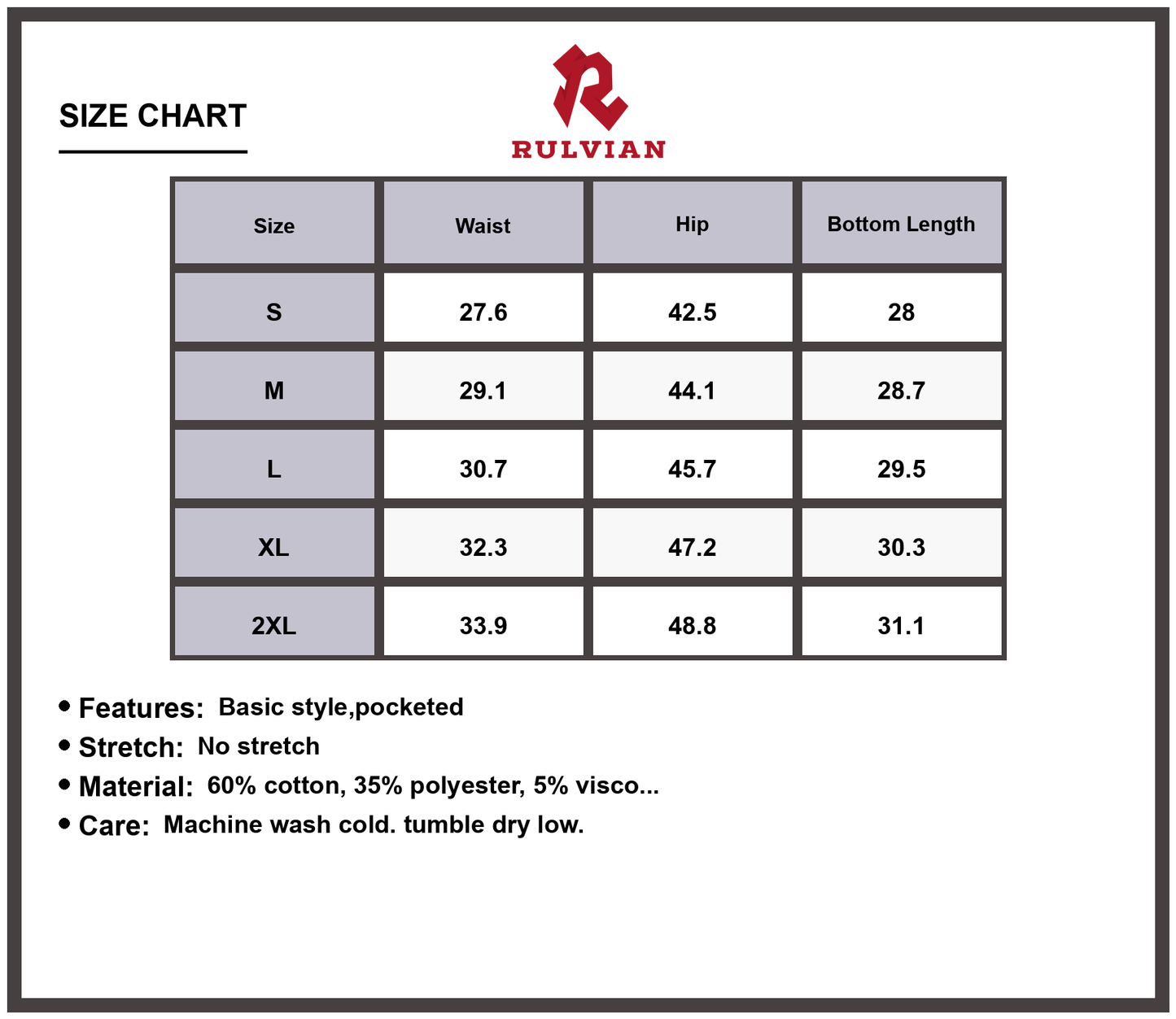 Size Chart - Men's Camouflage Cargo Capris Pocketed Durable Outdoor Adventure Versatile Premium Quality Everyday Casual Pants