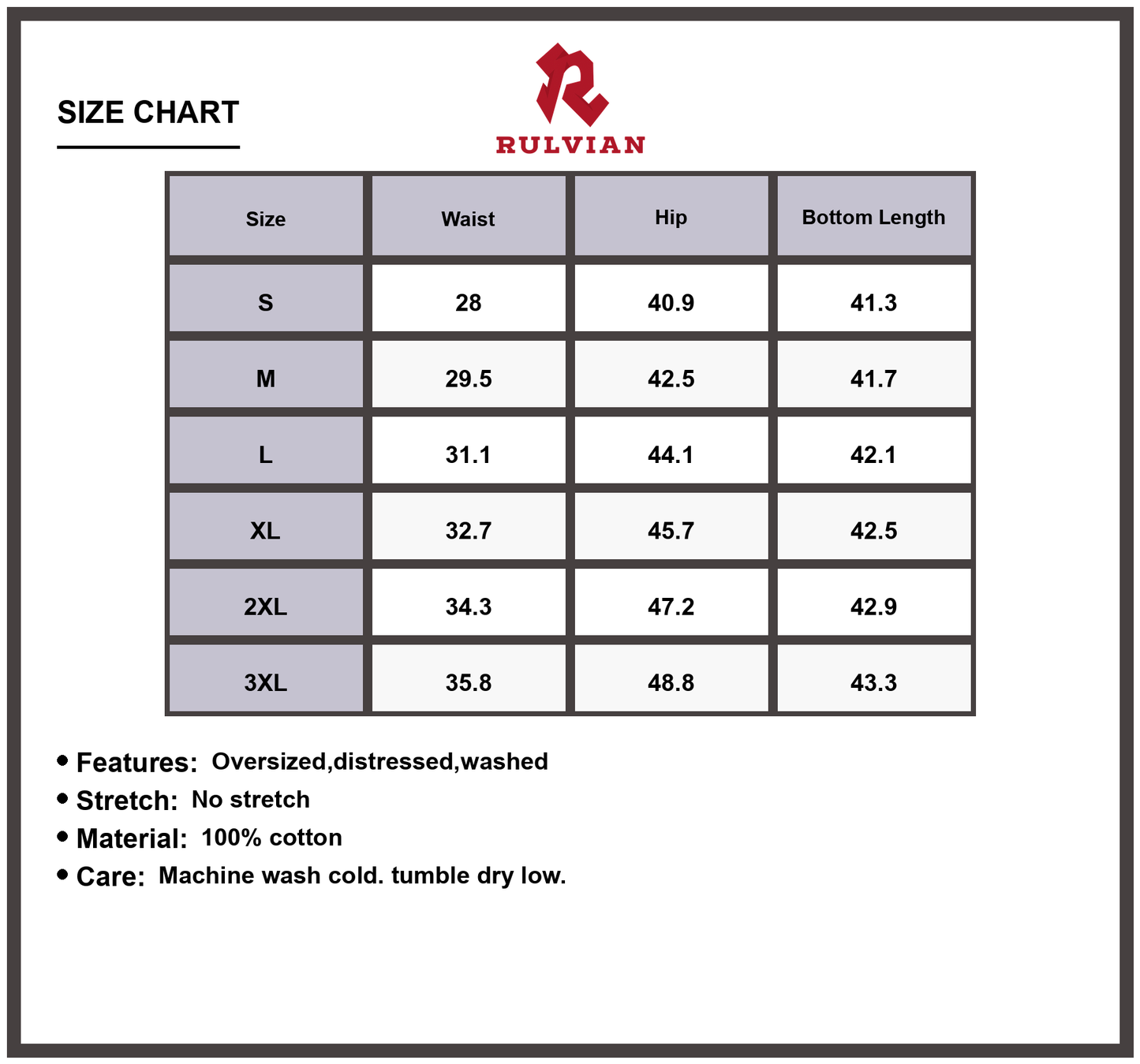 Size Chart - Men's Wide Leg Jeans Distressed Wash Full Size Premium Denim Plus Size Relaxed Fit Versatile Everyday Casual Pants