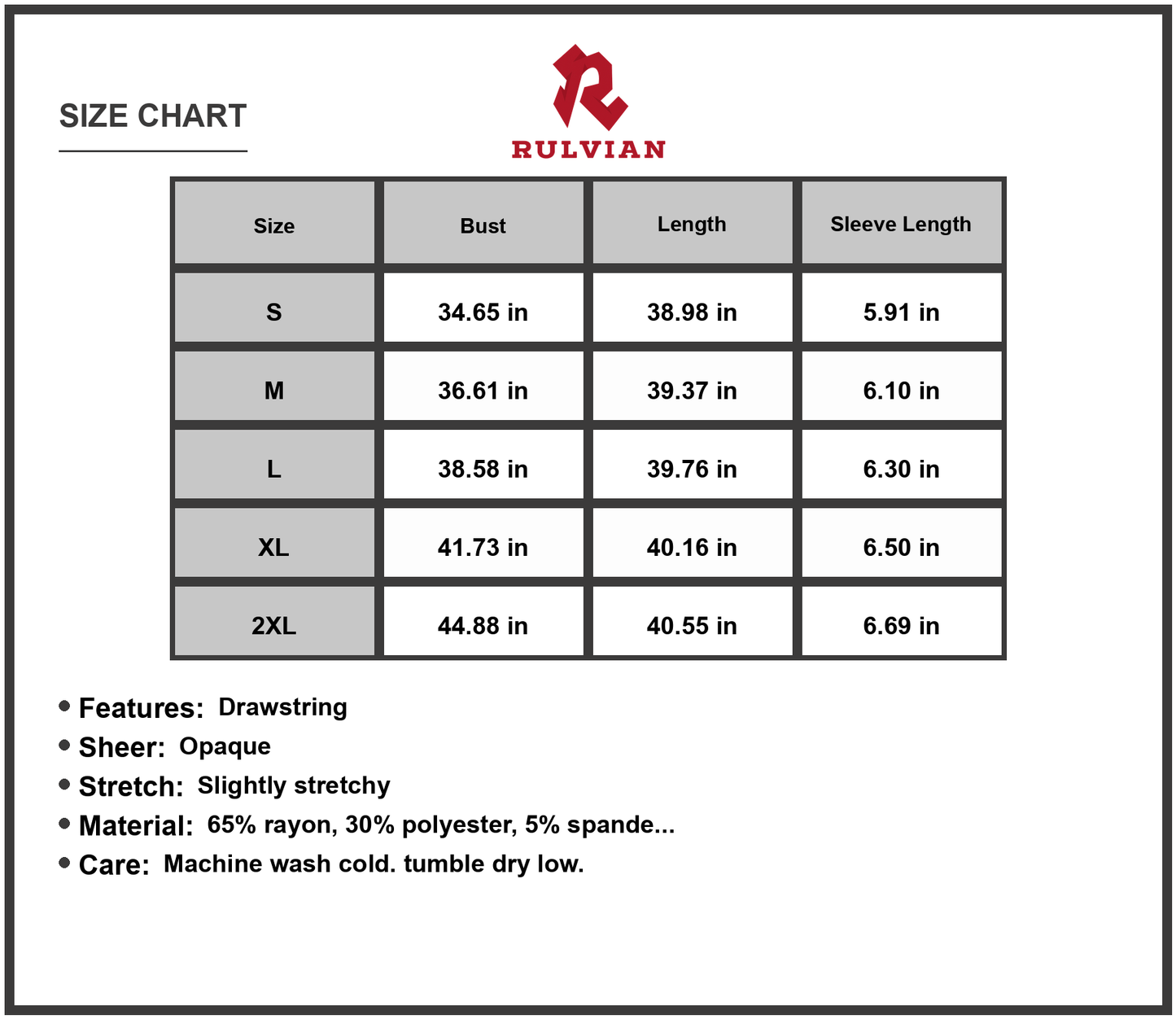 Size Chart - Women's Drawstring Round Neck Short Sleeve Dress with Sheer Overlay for Everyday Wear 65% rayon 30% polyester 5% spandex