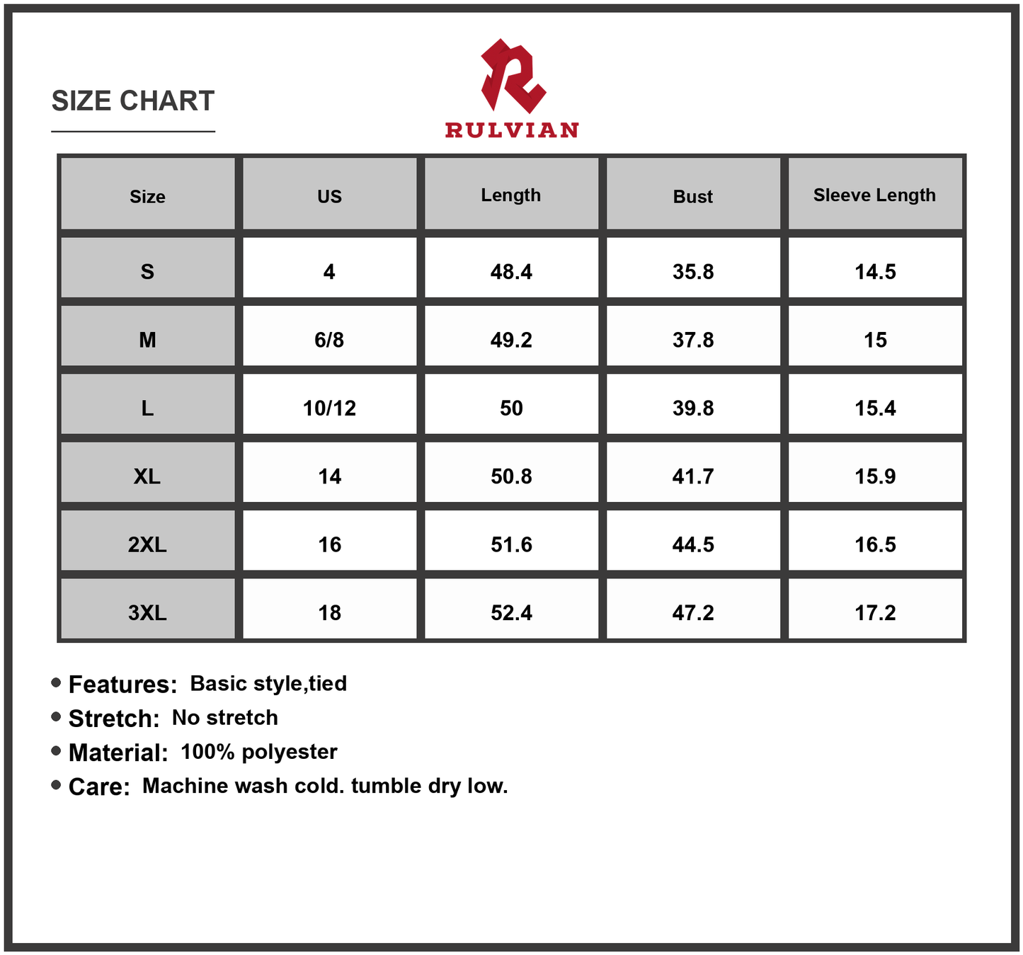 Size Chart - Women's Maxi Solid Color Shirt Dress Plus Size Classic Everyday Look in Polyester Fabric for Comfort and Easy Care