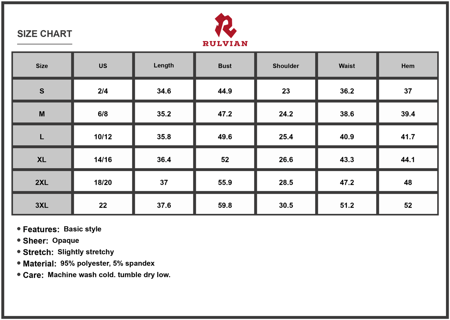 Size Chart - Women's Round Neck Short Sleeve Dress with Pockets 95% Polyester 5% Spandex Soft Stretch Easy Care Everyday Wear