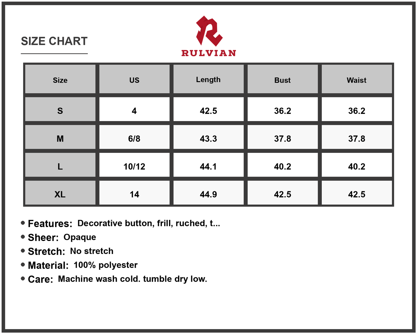 Size Chart - Women's Sleeveless Button Decor Printed Tiered Midi Dress with Ruched Sheer Overlay 100% Polyester Fabric for daily wear