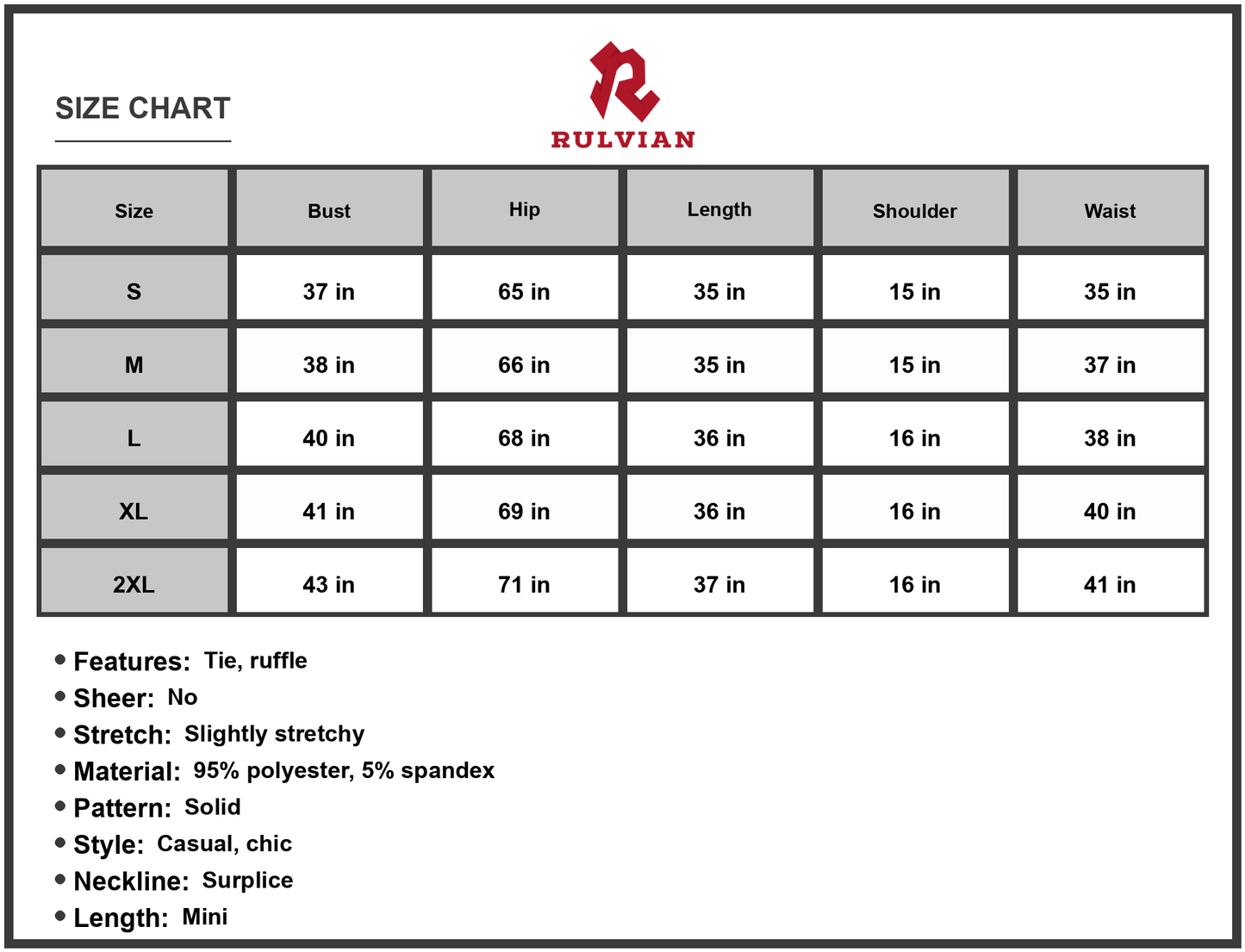 Size Chart - Women's Long Sleeve Tie Waist Ruffle Hem Dress Casual Chic Surplice Mini Line 95% polyester 5% spandex everyday