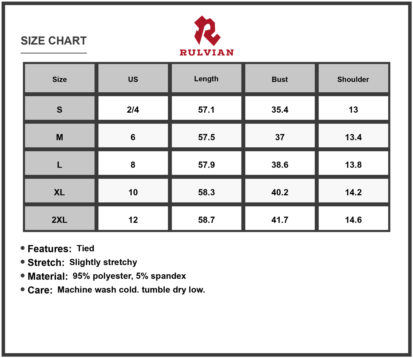Size Chart - Women's Surplice Flutter Sleeve Maxi Dress with Tied Stretch Bodice and Flowing Skirt 95% Polyester 5% Spandex