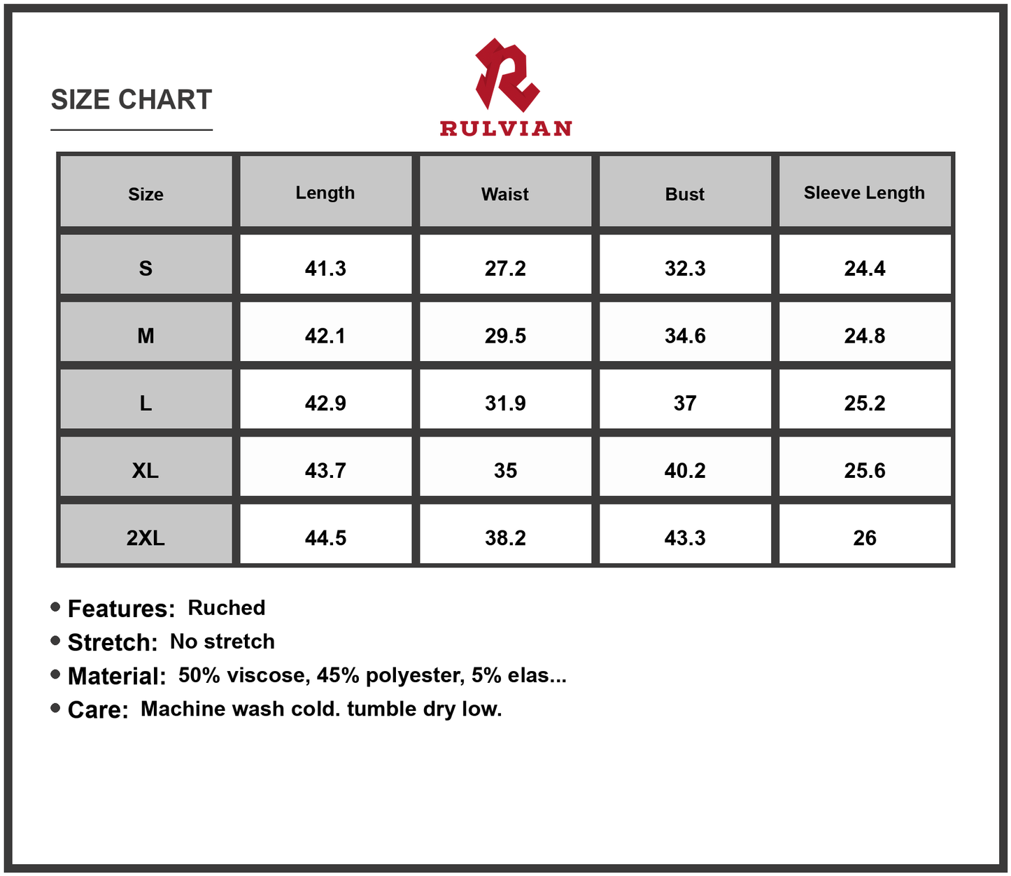 Size Chart - Women's Solid Color Ruched Detail Long Sleeve Midi Dress with viscose % polyester % elastane blend for everyday wear