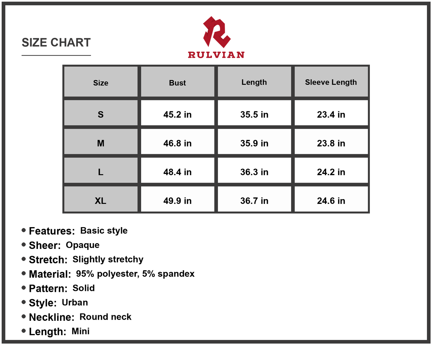 Size Chart - Women's Round Neck Long Sleeve Mini Dress Solid Ninety Five Percent Polyester and Five Percent Spandex for Daily Wear