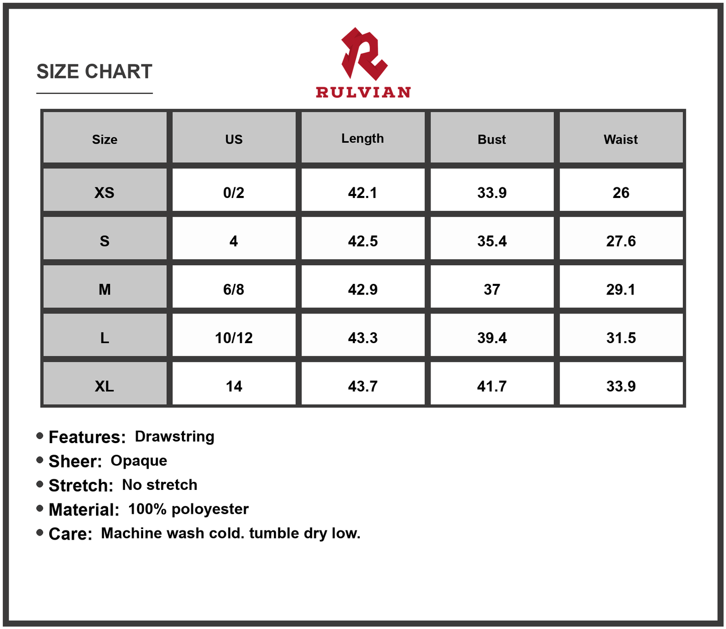 Size Chart - Women's Side Drawstring Ruched Cowl Neck Mini Cami Dress 100% Polyester Lightweight Draping For Everyday Or Evening Wear