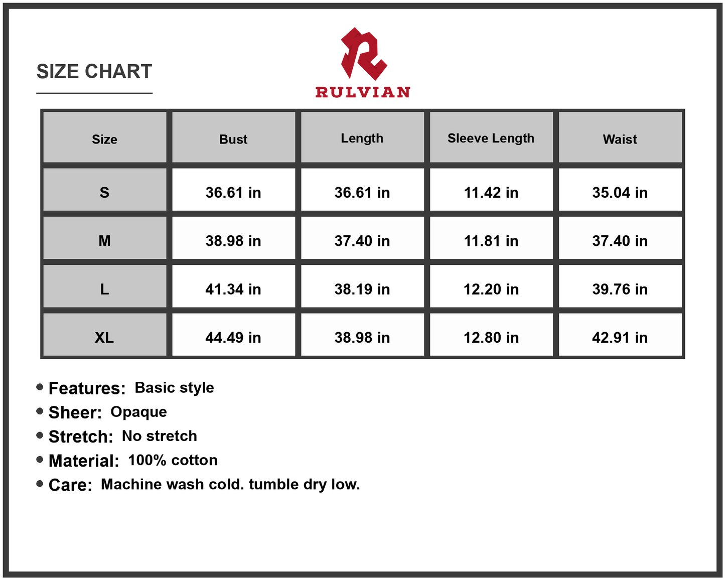 Size Chart - Women's V-Neck Short Sleeve Dress in 100% Cotton Fabric Lightweight Breathable Everyday Comfort Outfit for any occasion
